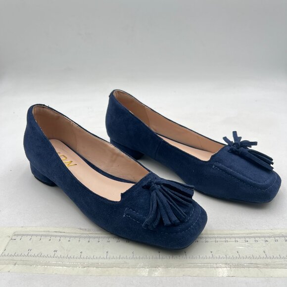 YDN Deep Blue Block Low Heel Loafer Square Toe Tassel Fringe Pump Slip On Shoes - Picture 4 of 8